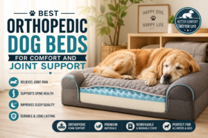 Golden Retriever relaxing on an orthopedic dog bed designed for comfort and joint support