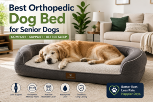 Senior Golden Retriever resting on the best orthopedic dog bed for senior dogs in a modern home