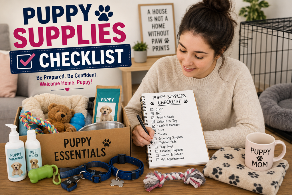 New puppy owner organizing a puppy supplies checklist