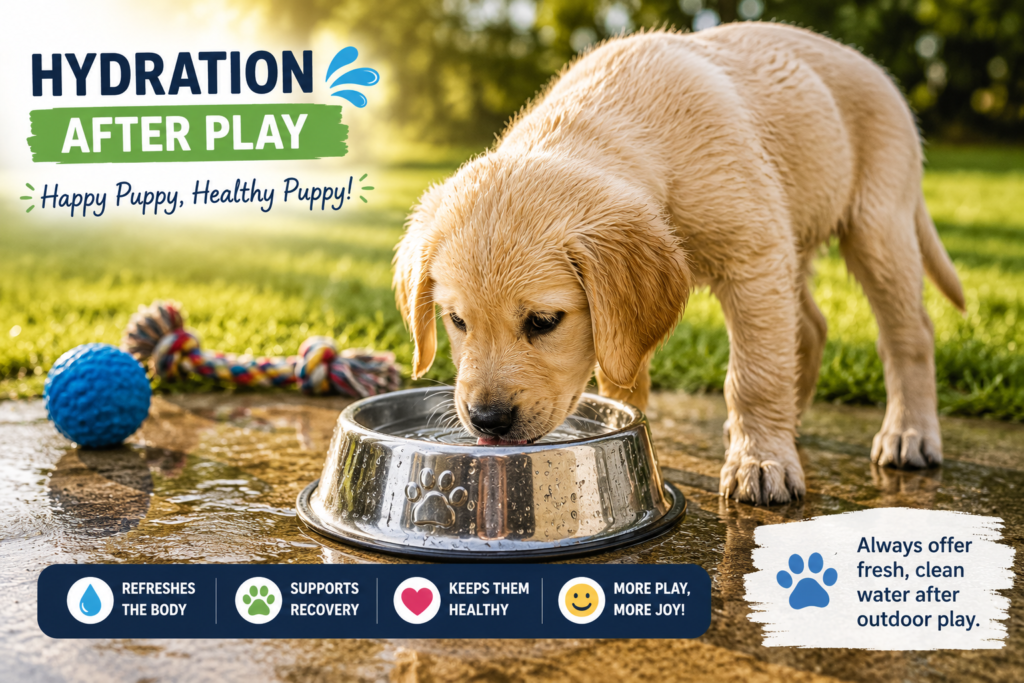 Puppy drinking water after outdoor play