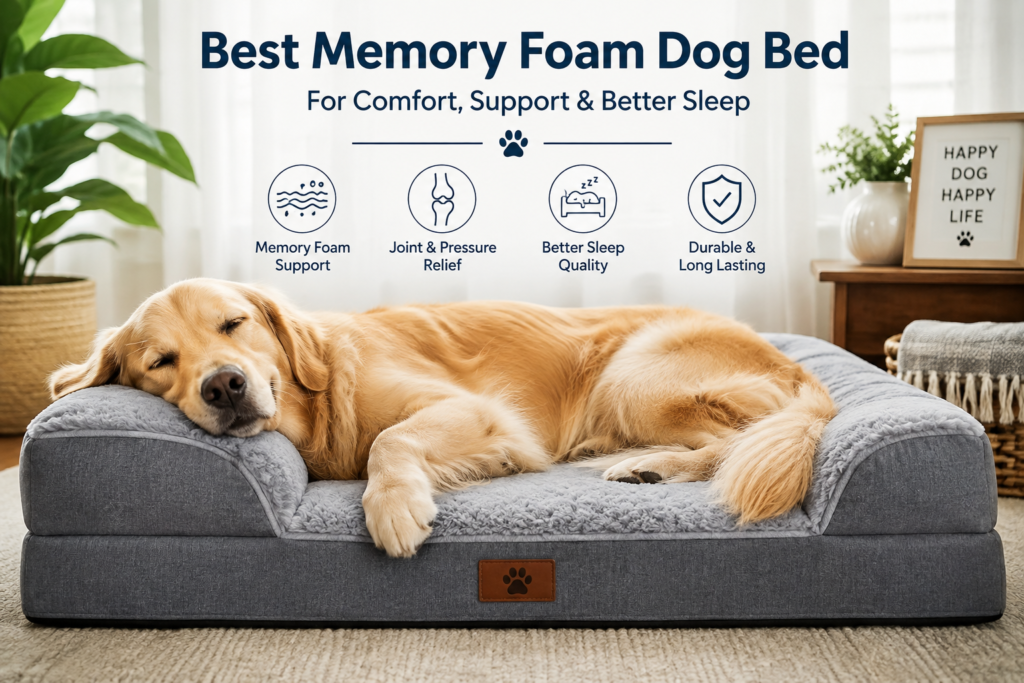 Golden retriever resting on a memory foam dog bed for comfort and support
