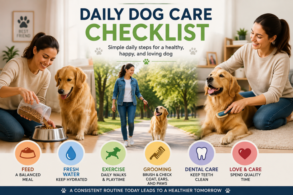 Daily dog care checklist with dog owner feeding, walking, and grooming a happy dog