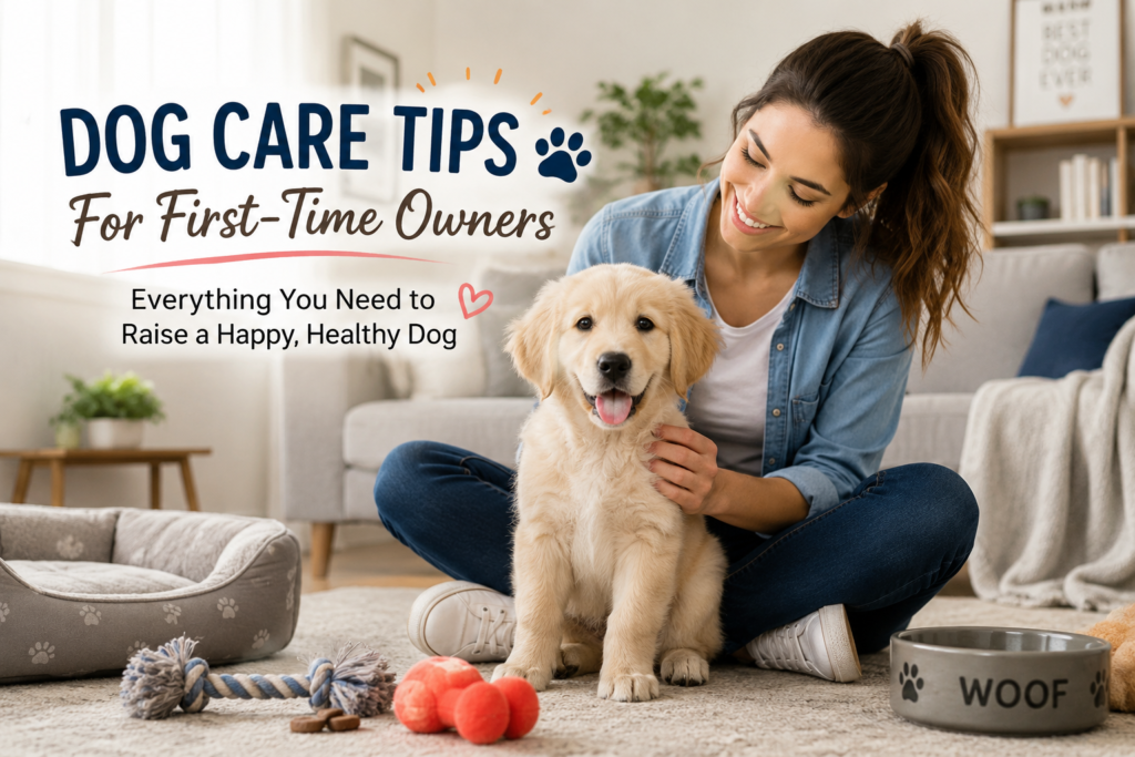 Dog care tips for first-time owners with a happy puppy at home