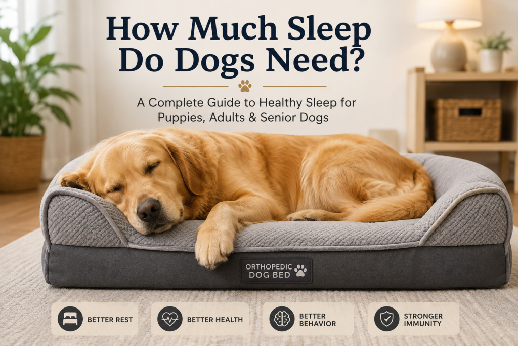 How Much Sleep Do Dogs Need? Golden Retriever enjoying restful sleep on an orthopedic dog bed