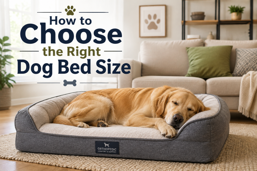 Golden Retriever sleeping comfortably on a large orthopedic dog bed