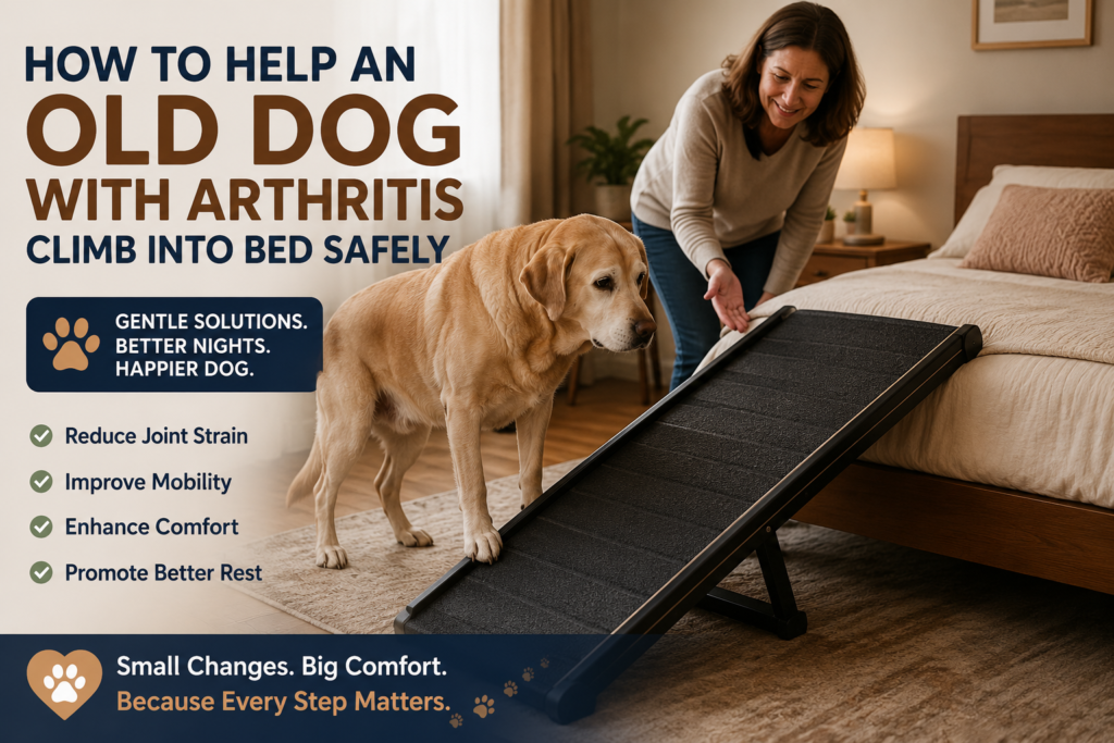 Senior dog with arthritis using a non-slip ramp to safely climb onto a bed