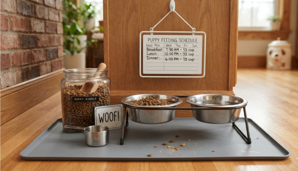 organized puppy feeding station