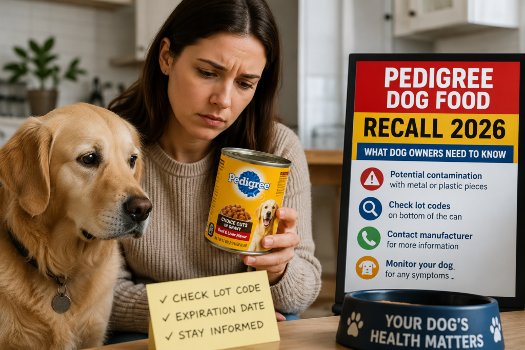 Concerned dog owner checking Pedigree dog food can during the Pedigree Dog Food Recall 2026