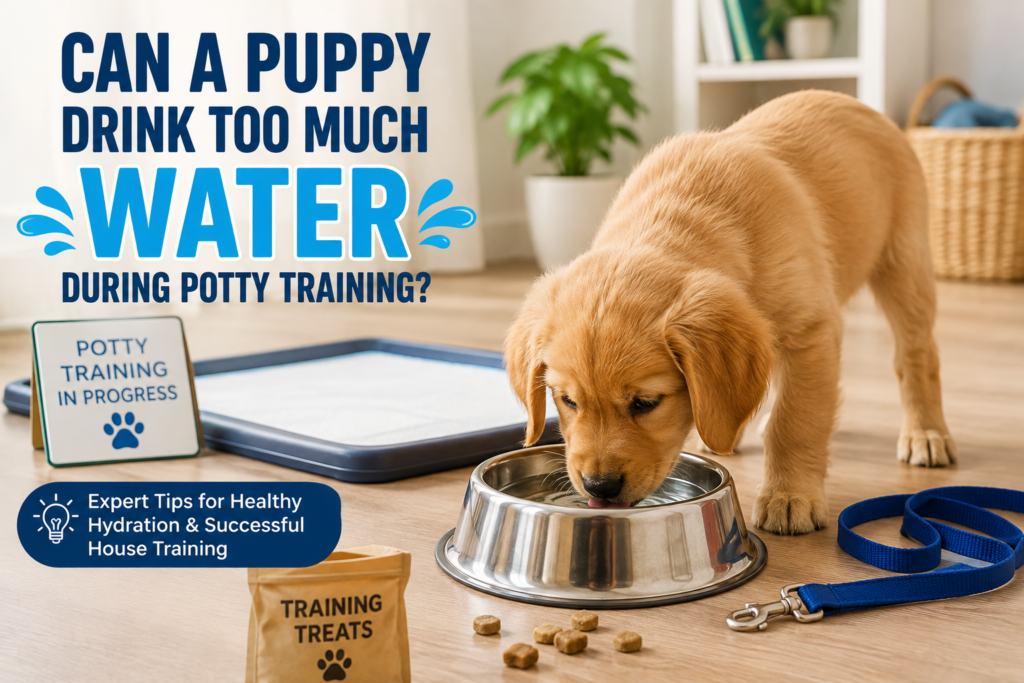 Puppy drinking water during potty training beside a water bowl