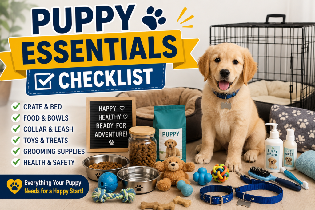 Puppy essentials checklist with crate, bed, food bowls, toys, leash, collar and grooming supplies