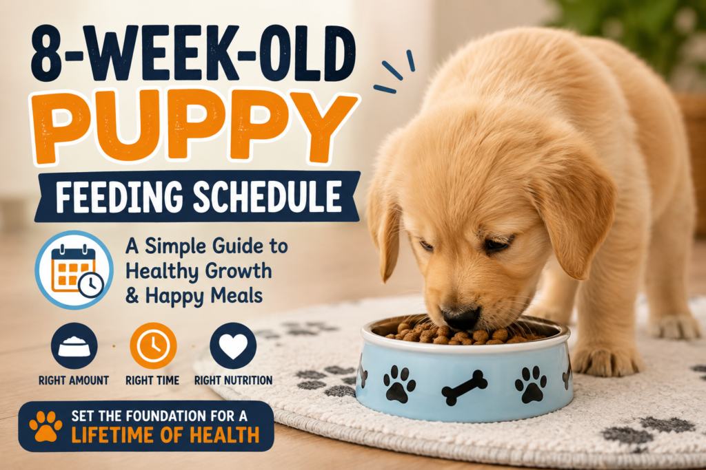 Puppy feeding schedule by age with food and water bowls