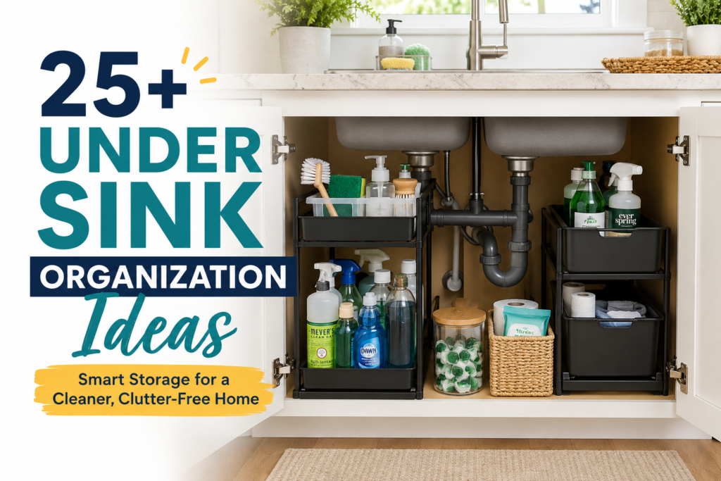 Under sink organization ideas with neatly arranged kitchen cleaning supplies