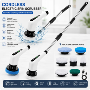 Cordless Electric Spin Scrubber – Powerful Power Scrubber with Multi-Surface Replaceable Brush Heads for Bathroom, Tile, and Kitchen