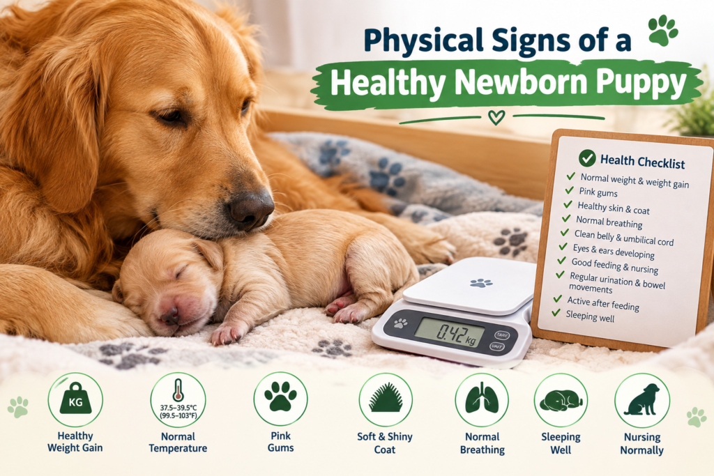 Healthy newborn puppy showing normal appearance, warmth, and development